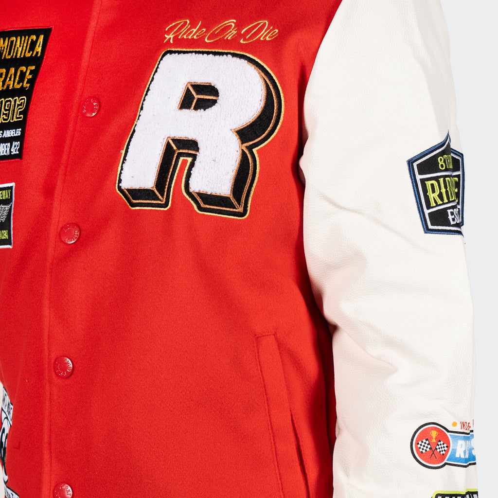 Men's TWO MILL TWENTY Ride or Die Road Race Varsity Letterman Jacket Red