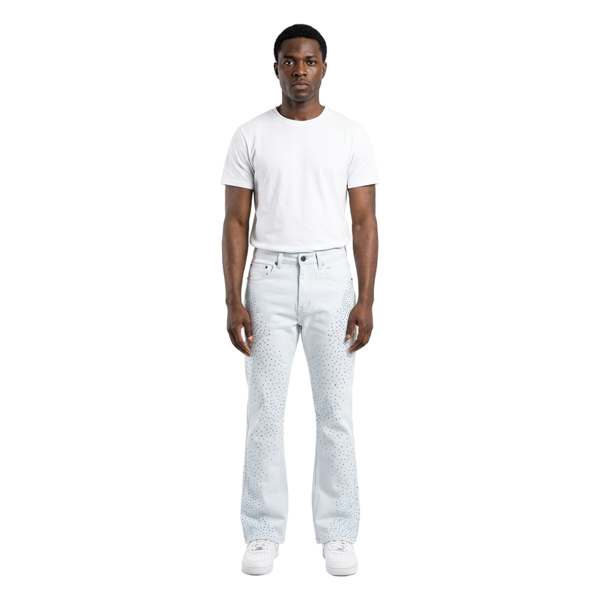 Men's TWO MILL TWENTY Flare Leg Rhinestone Jeans White