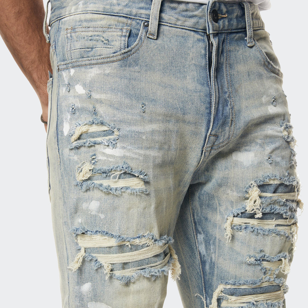 Men's Smoke Rise Wash Heavy Rip & Repair Slim Denim Jeans Seville Blue