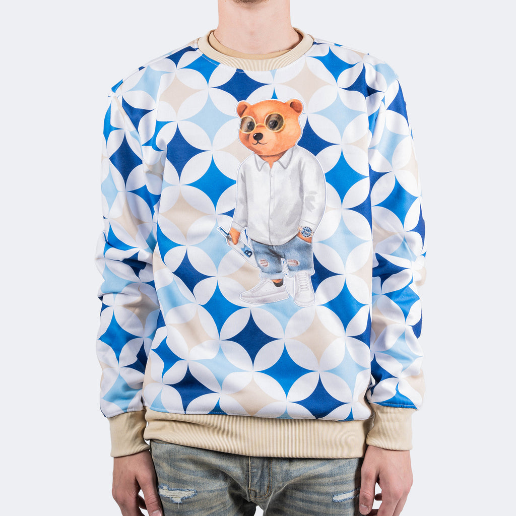 Men's TWO MILL TWENTY Hip Hop Teddy Bear Retro Diamond Sweatshirt Blue