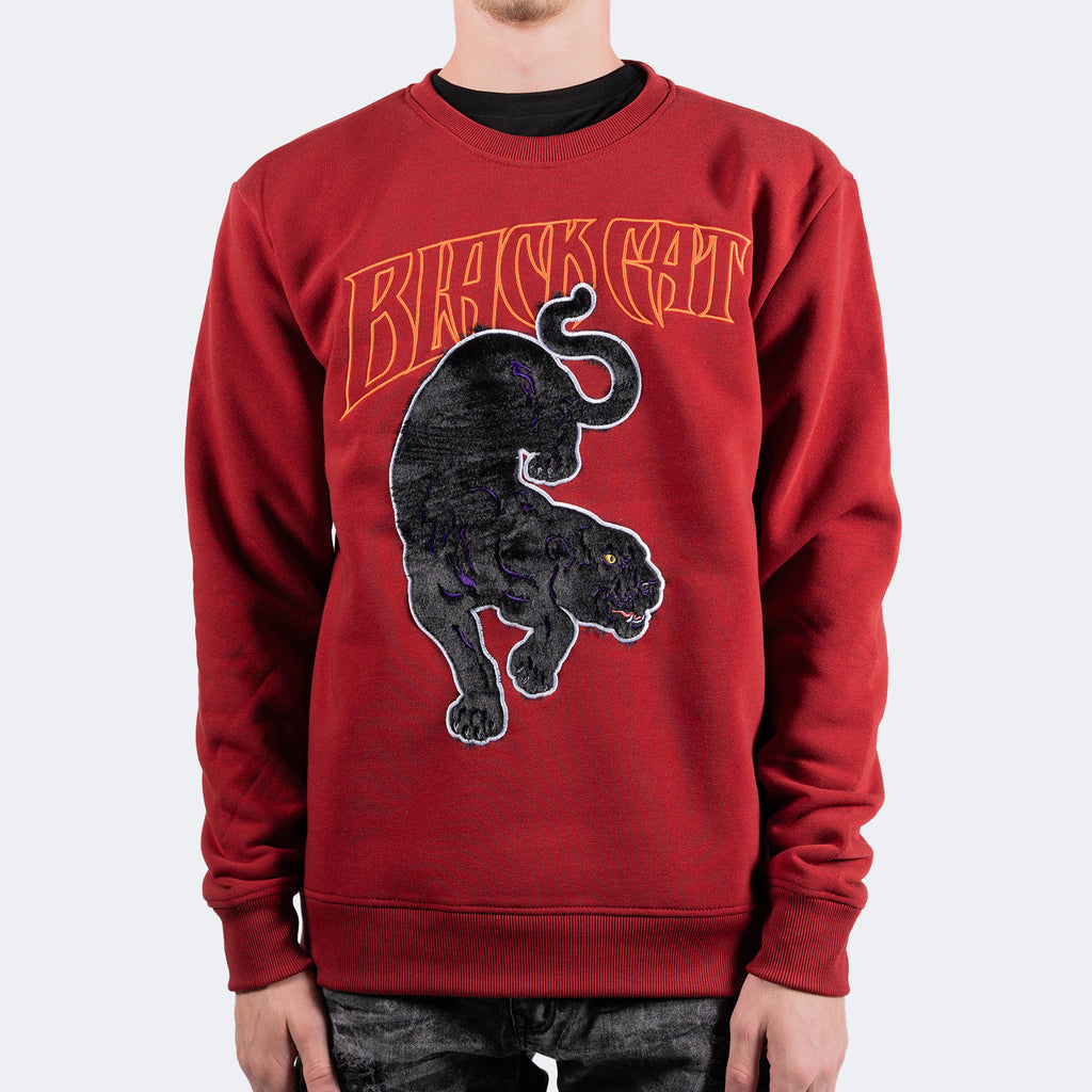 Men's TWO MILL TWENTY Black Cat Panther Crewneck Sweatshirt Burgundy