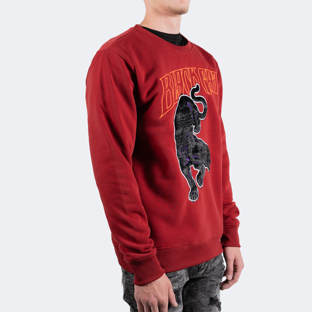 Men's TWO MILL TWENTY Black Cat Panther Crewneck Sweatshirt Burgundy