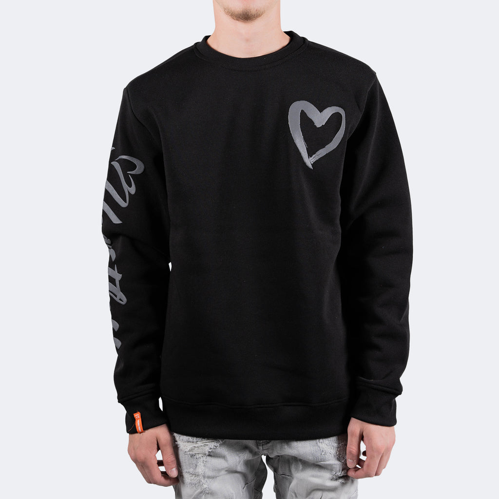 Men's TWO MILL TWENTY Heartless Graphic Script Crewneck Sweatshirt Black