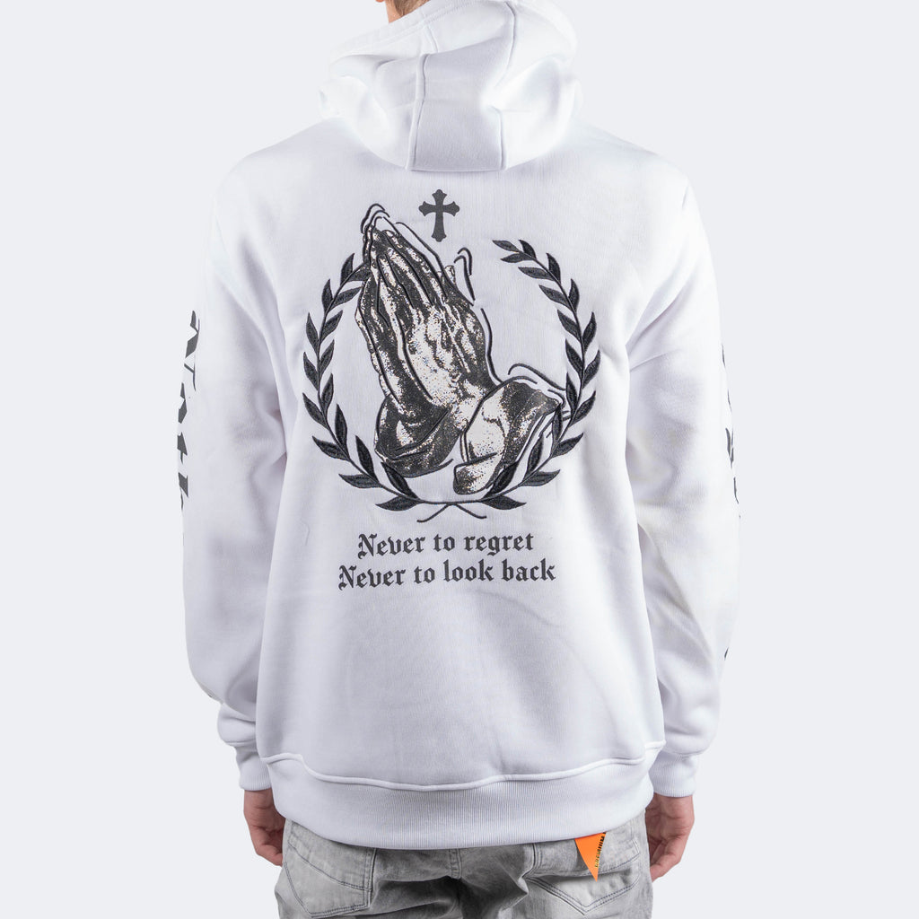 Men's TWO MILL TWENTY Gold Praying Hands & Crosses Hoodie White