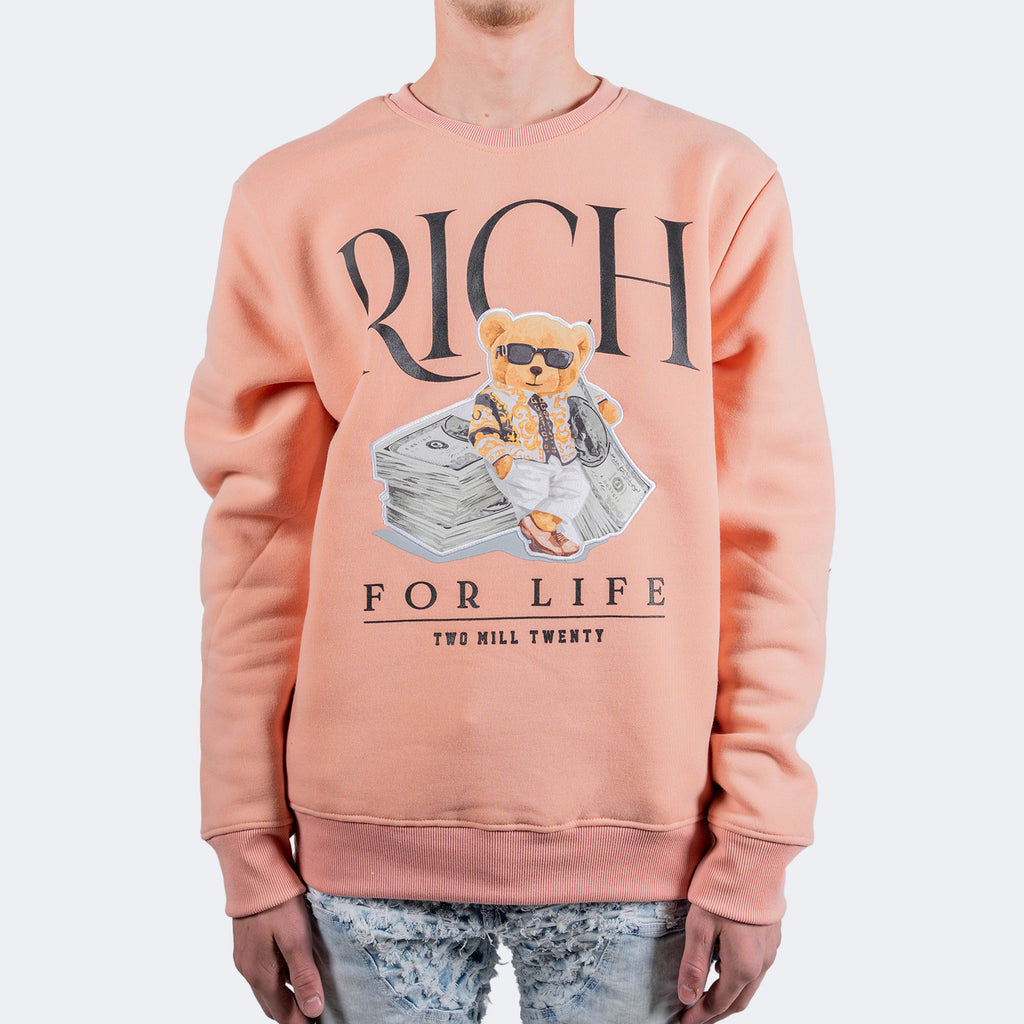 Men's TWO MILL TWENTY Rich Teddy Bear Cash Graphic Sweatshirt Pink