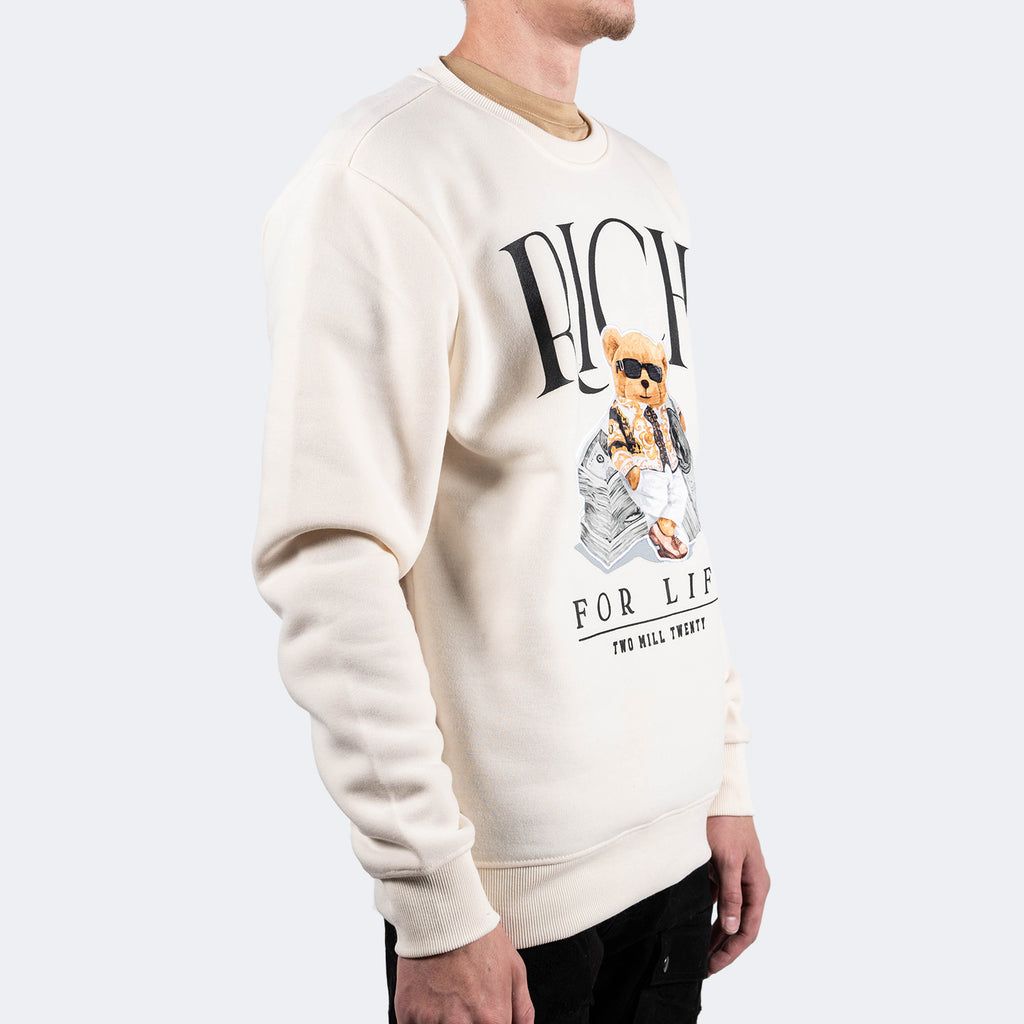 Men's TWO MILL TWENTY Rich Teddy Bear Cash Graphic Sweatshirt Off White