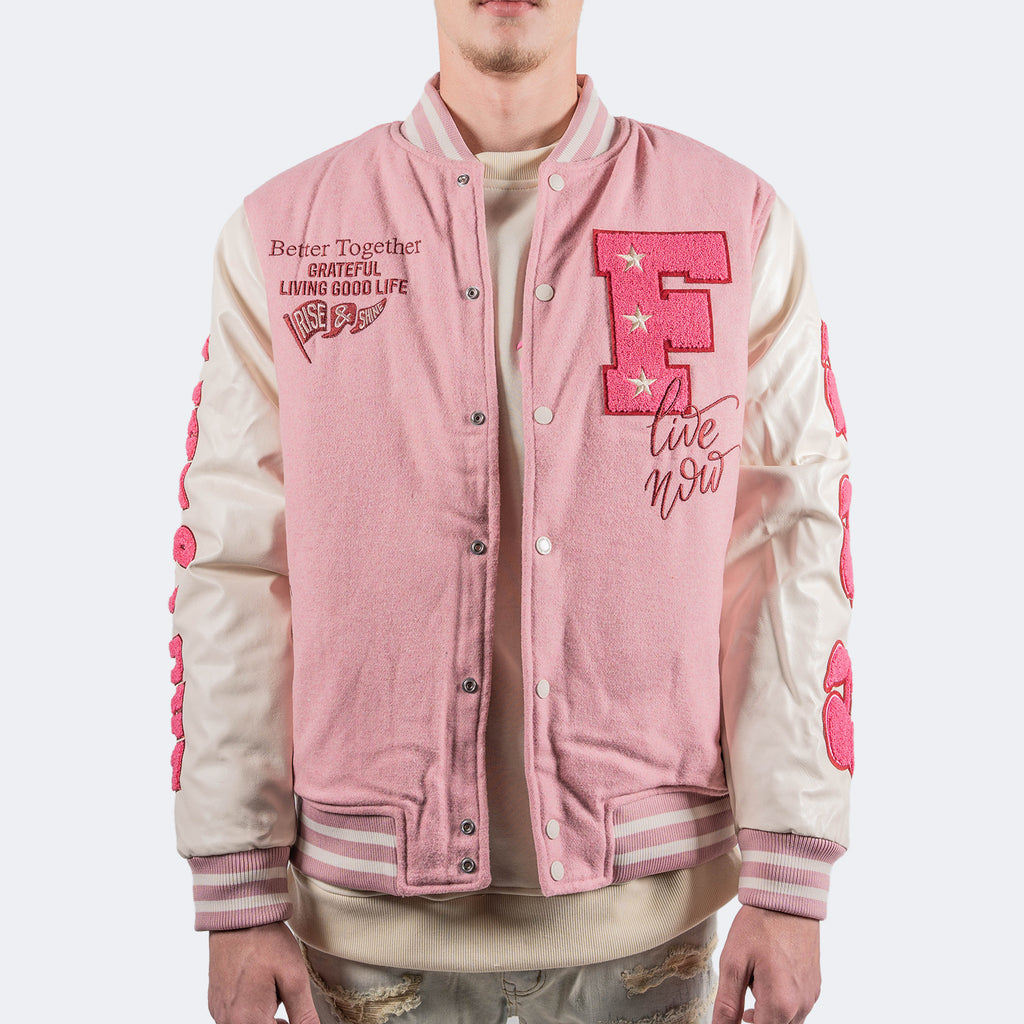 Men's TWO MILL TWENTY Live & Love Varsity Bomber Jacket Pink