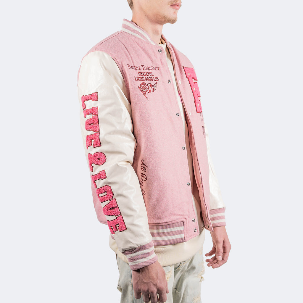 Men's TWO MILL TWENTY Live & Love Varsity Bomber Jacket Pink