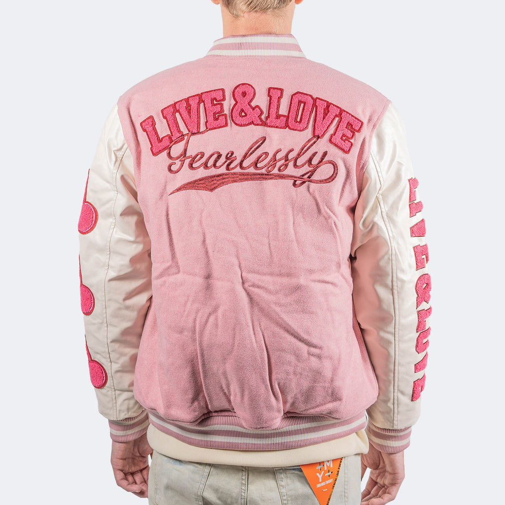 Men's TWO MILL TWENTY Live & Love Varsity Bomber Jacket Pink