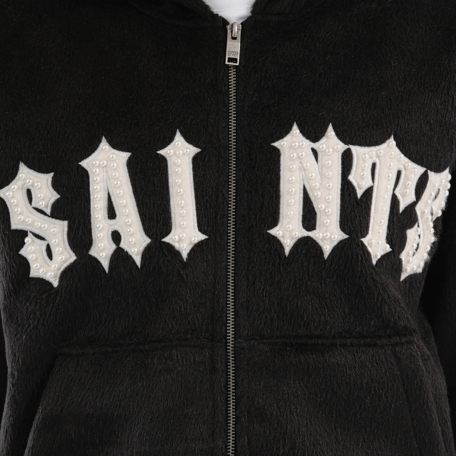 Men's Copper Rivet Saints Mohair Hoodie Pearl Details Black