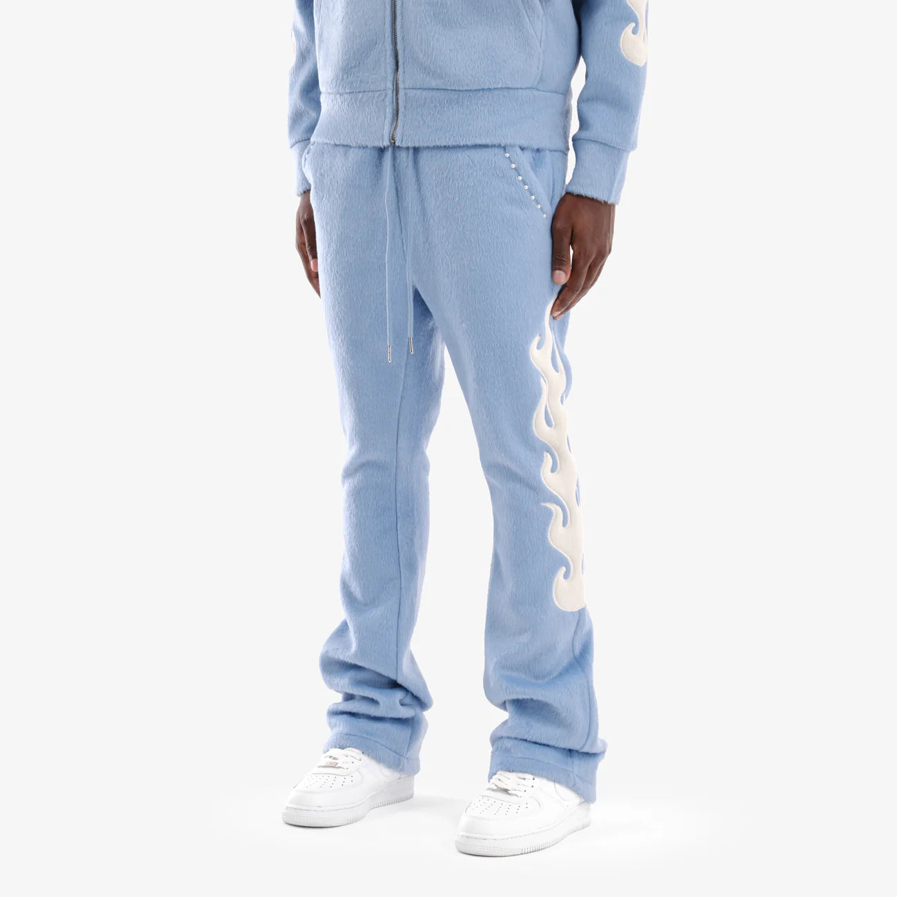 Men's Copper Rivet Saints Mohair Stacked Pants Pearl Details Light Blue