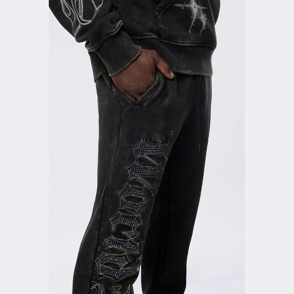 Men's Smoke Rise Stacked Rhinestone Dystopia Fleece Pants Black