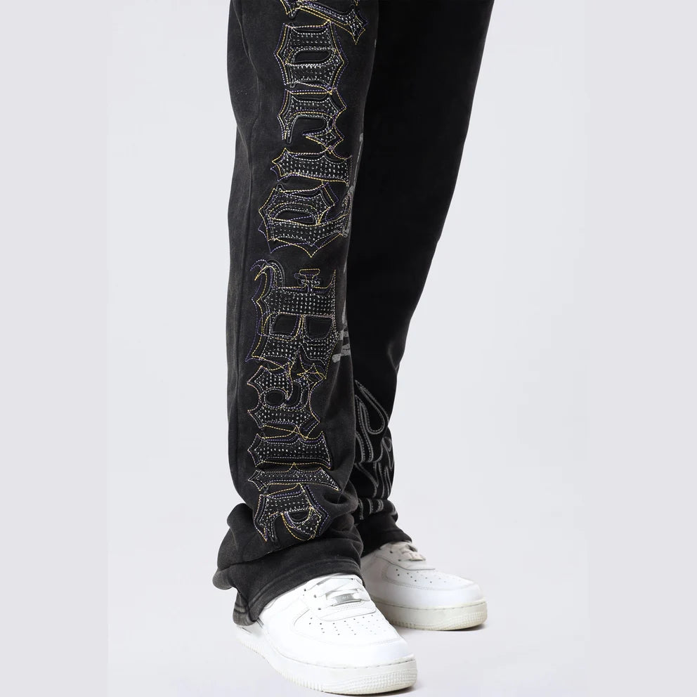 Men's Smoke Rise Stacked Rhinestone Dystopia Fleece Pants Black