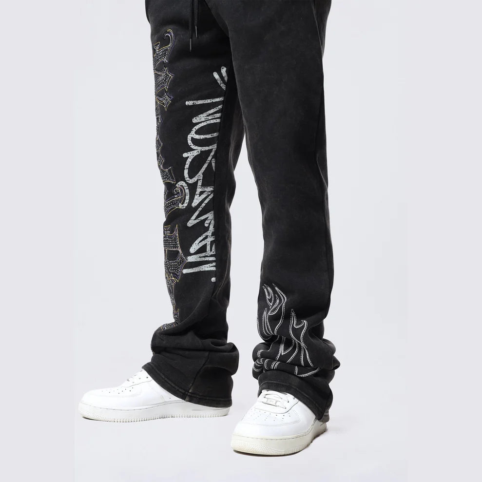 Men's Smoke Rise Stacked Rhinestone Dystopia Fleece Pants Black