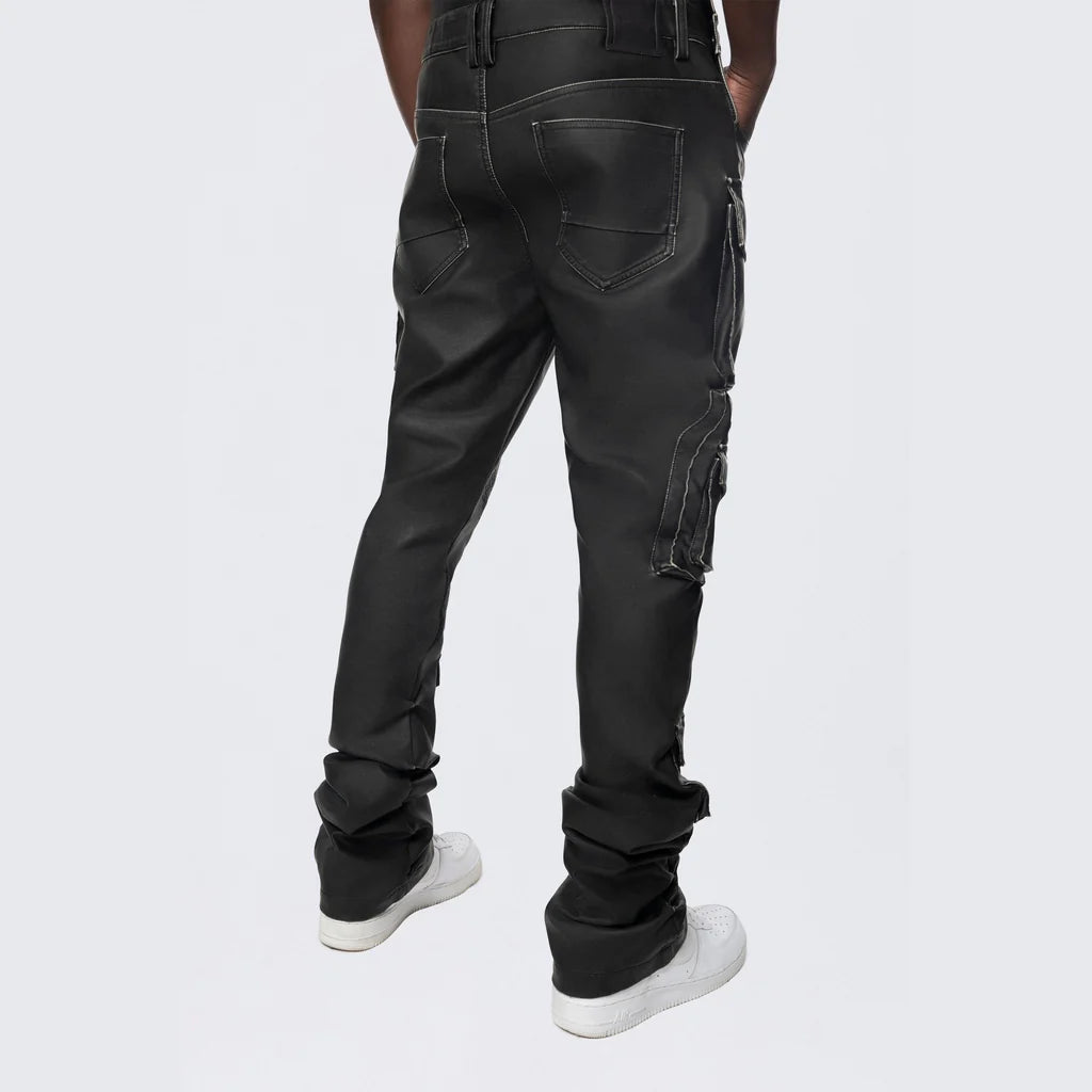 Men's Smoke Rise Stacked Vegan Leather Overalls Washed Black