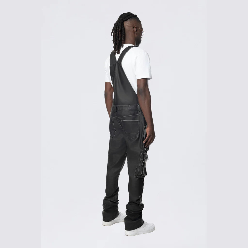 Men's Smoke Rise Stacked Vegan Leather Overalls Washed Black