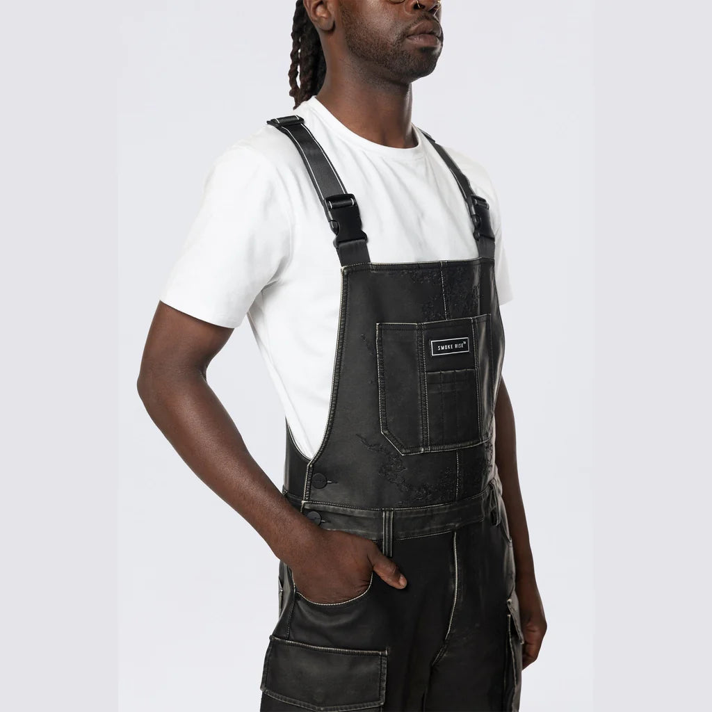 Men's Smoke Rise Stacked Vegan Leather Overalls Washed Black