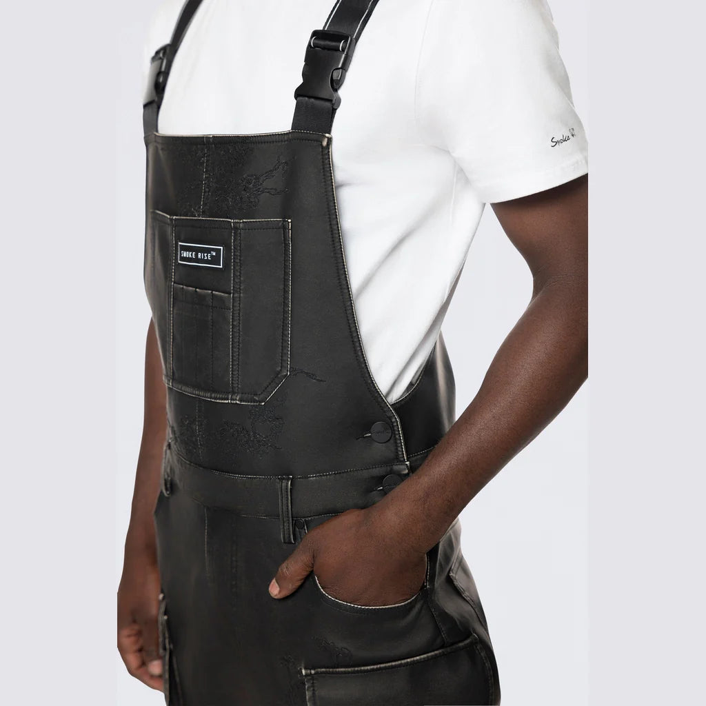 Men's Smoke Rise Stacked Vegan Leather Overalls Washed Black