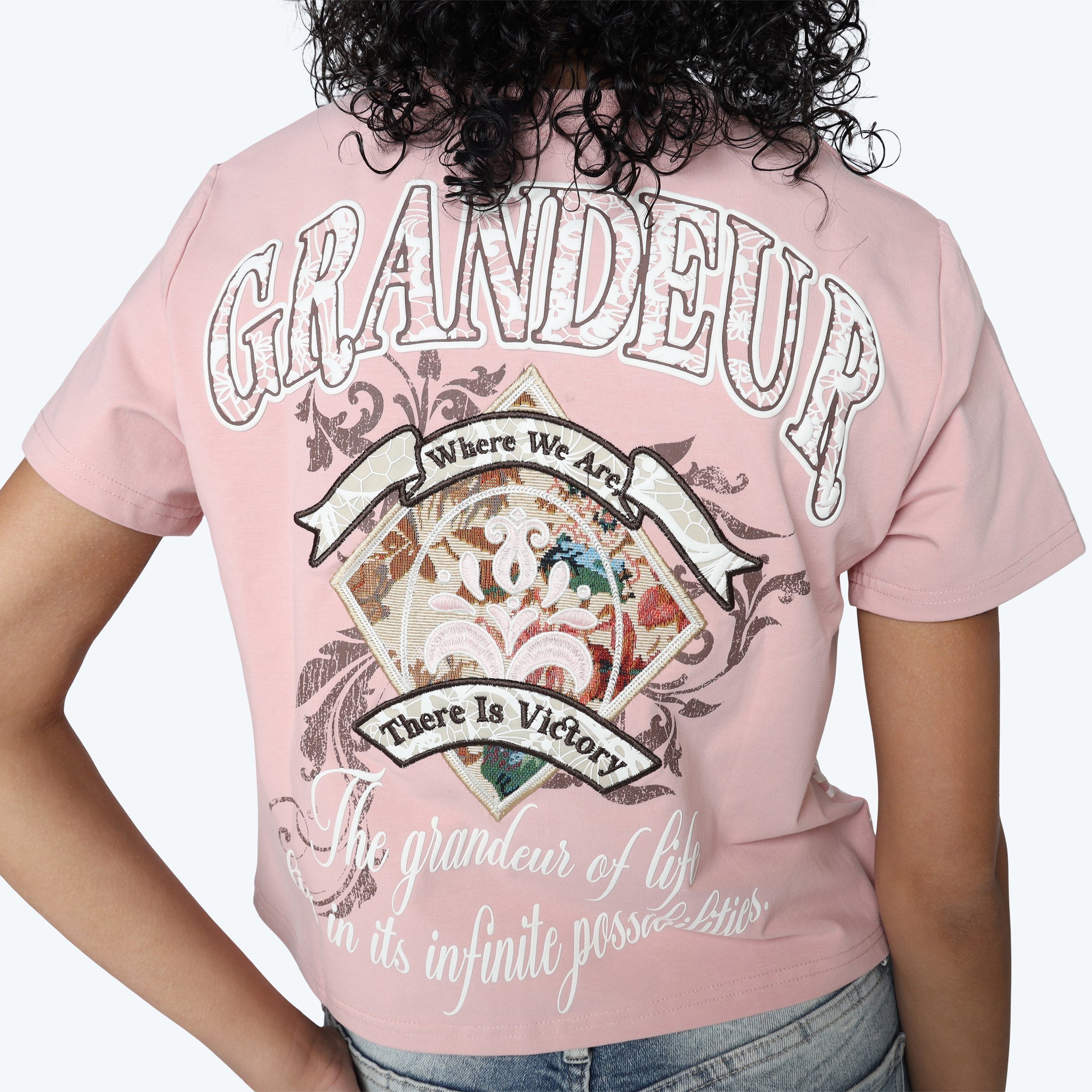 Women's Smoke Rise Cropped Tapestry Patched T-Shirt Silver Pink