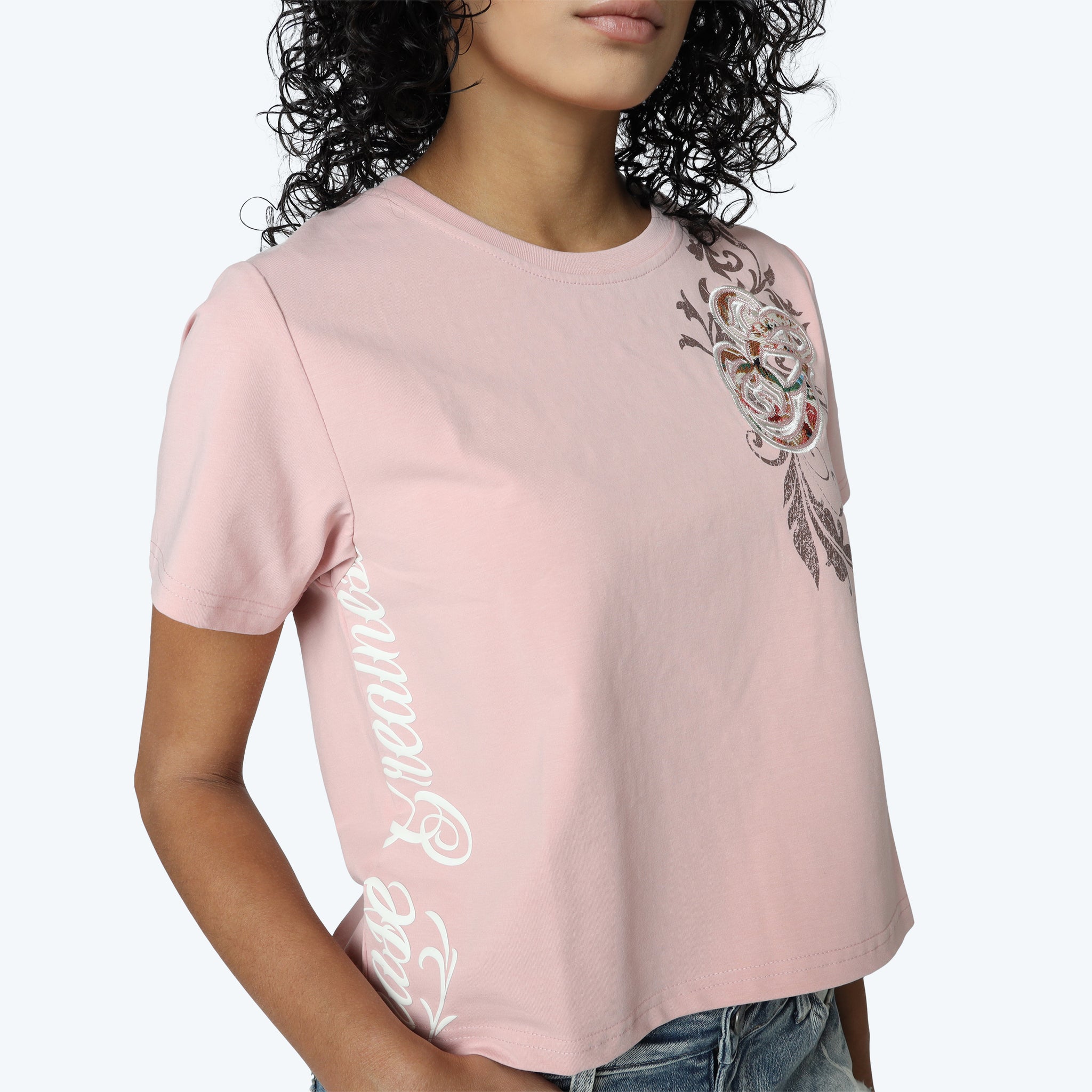 Women's Smoke Rise Cropped Tapestry Patched T-Shirt Silver Pink