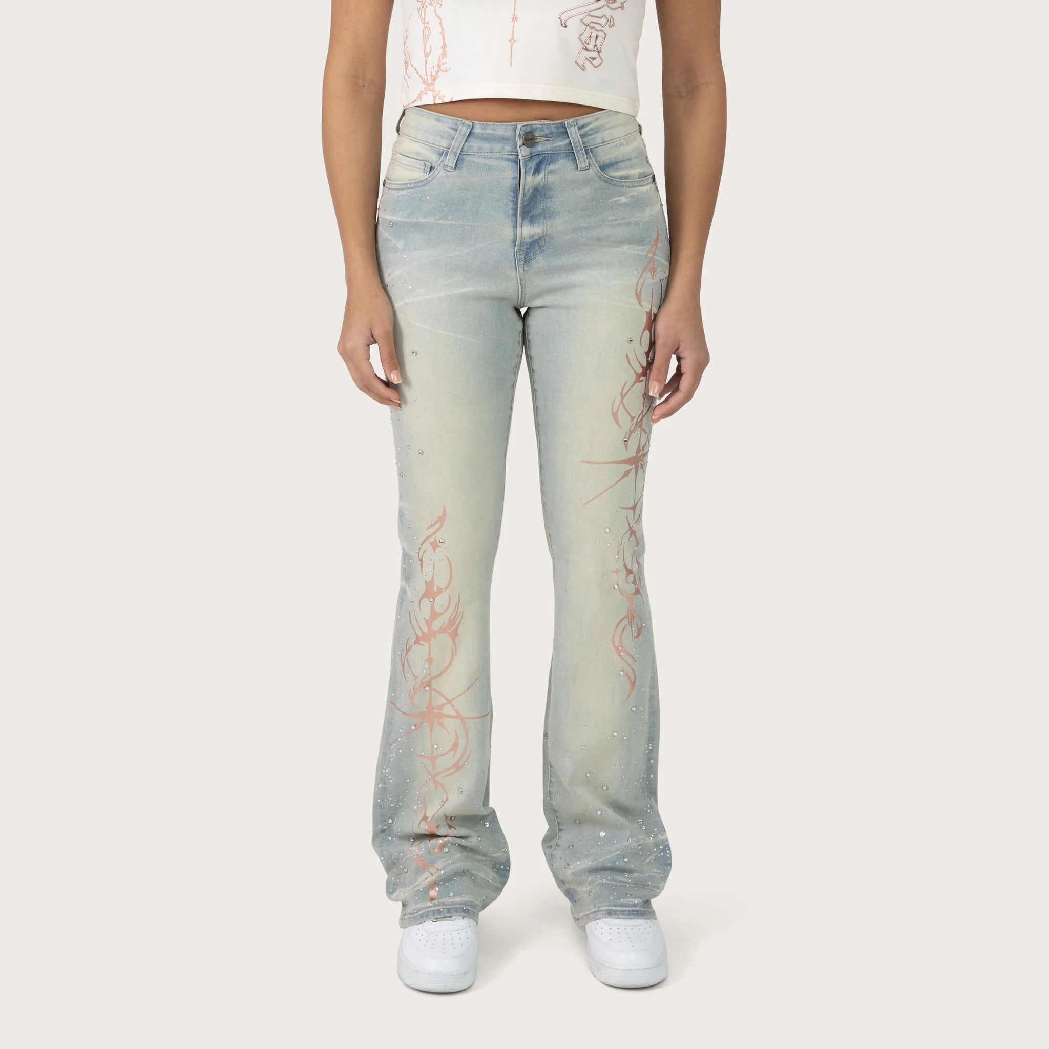 Women's Smoke Rise Red High Rise Bootcut Rhinestone Jeans Dolphin Blue