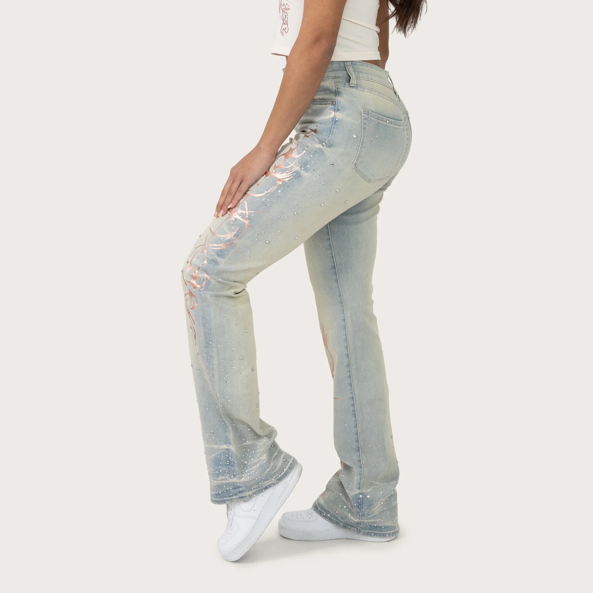 Women's Smoke Rise Red High Rise Bootcut Rhinestone Jeans Dolphin Blue