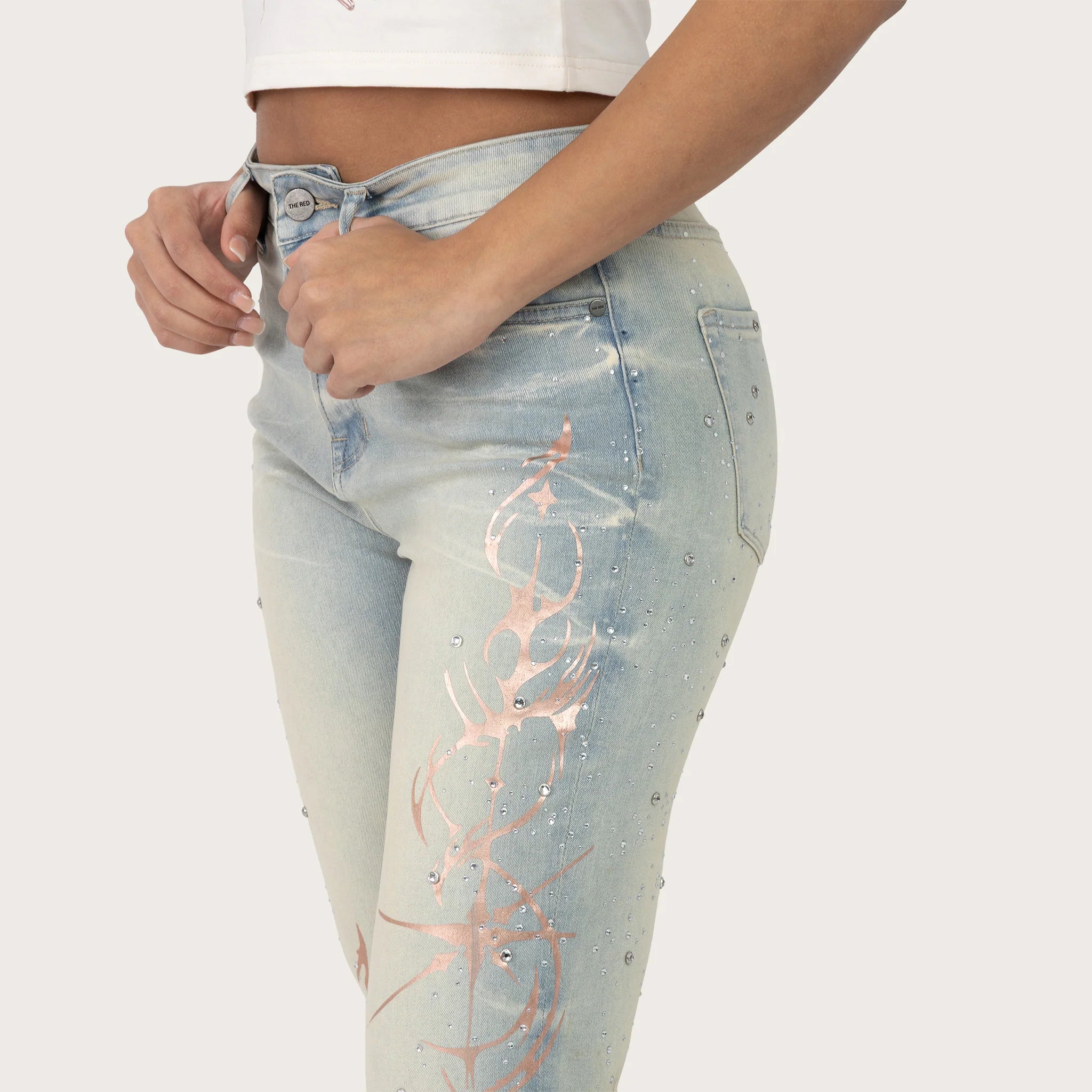 Women's Smoke Rise Red High Rise Bootcut Rhinestone Jeans Dolphin Blue