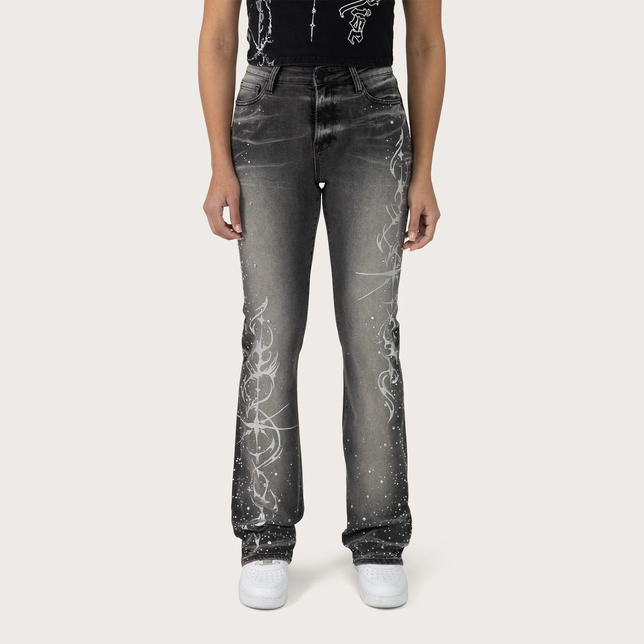 Women's Smoke Rise Red High Rise Bootcut Rhinestone Jeans Orca Black