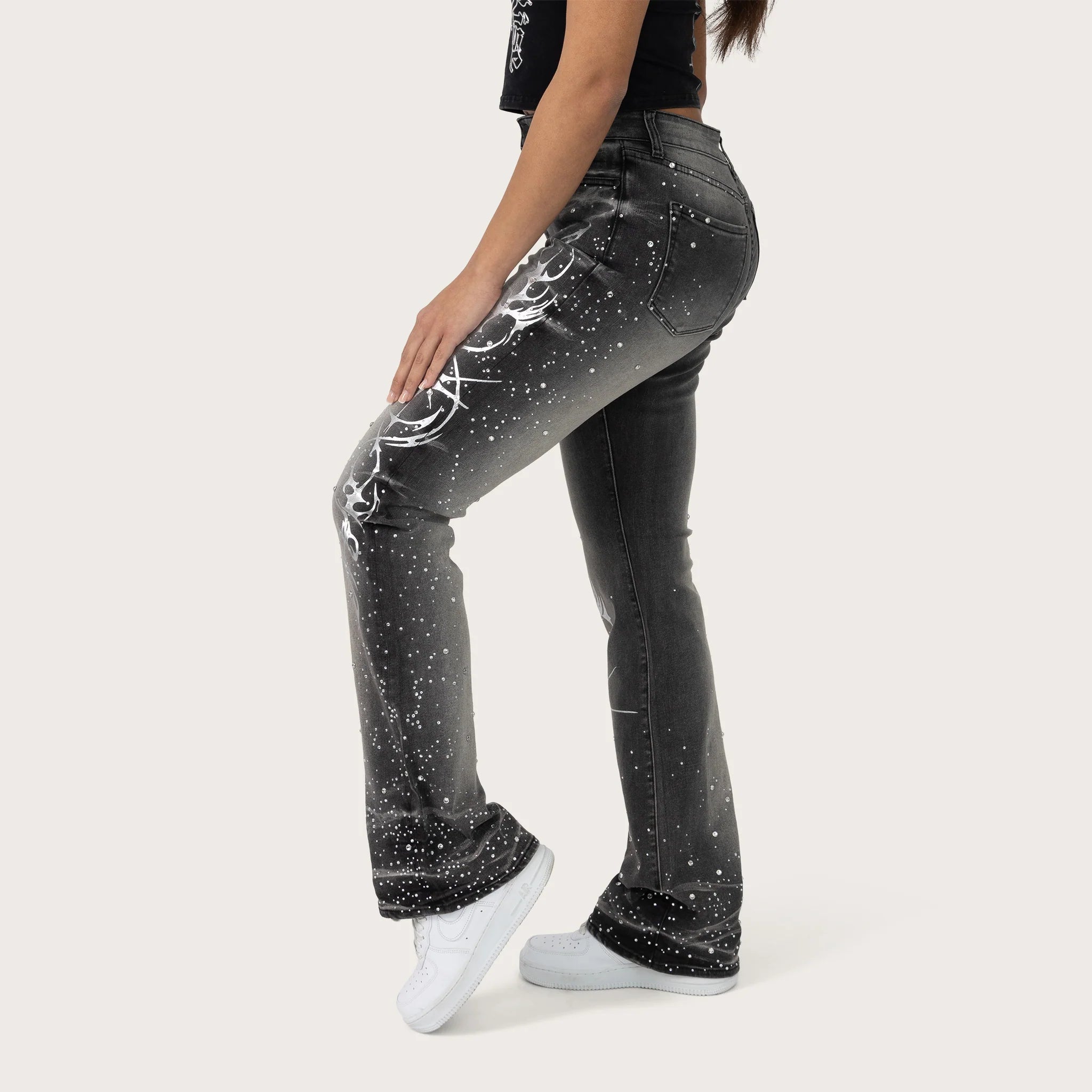 Women's Smoke Rise Red High Rise Bootcut Rhinestone Jeans Orca Black