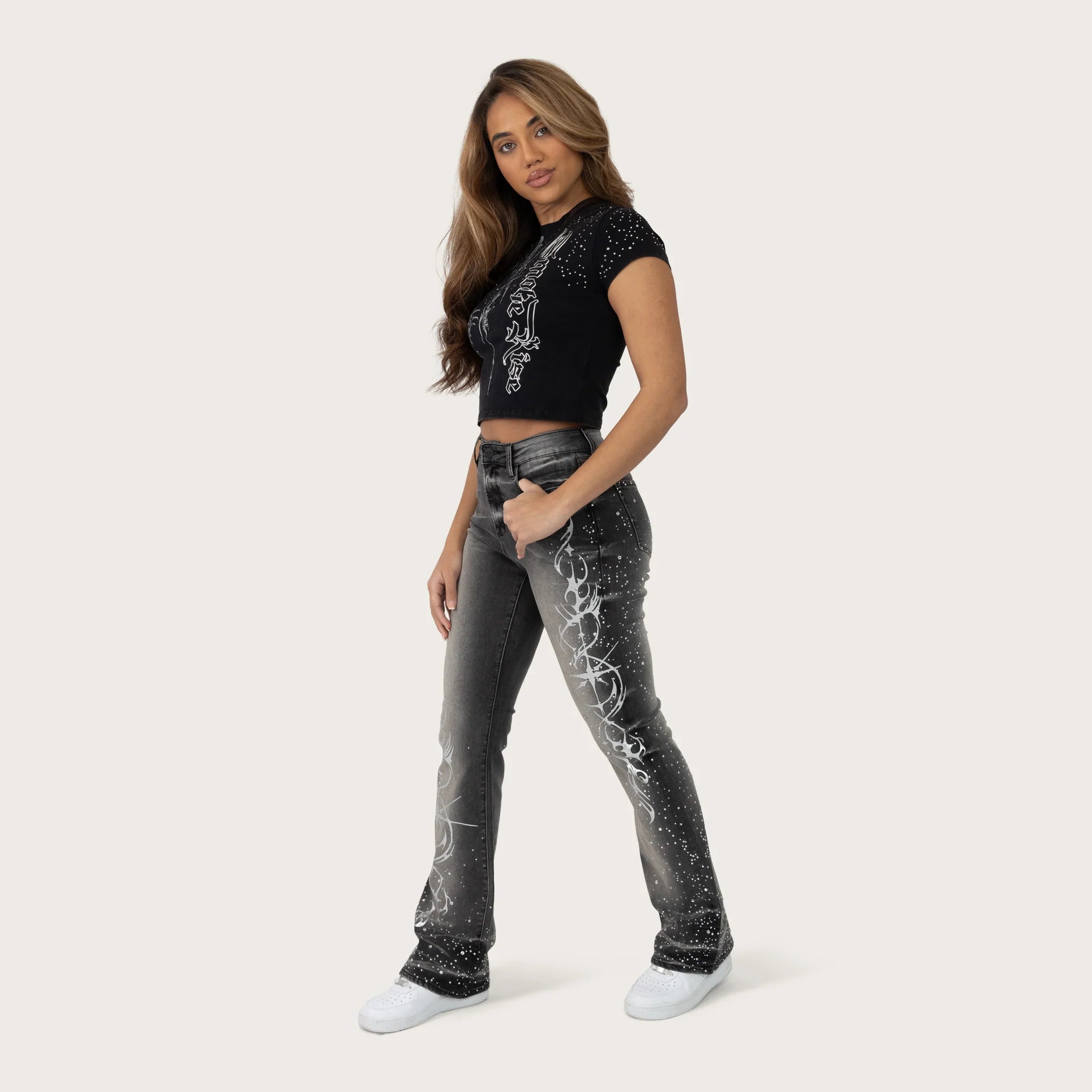 Women's Smoke Rise Red High Rise Bootcut Rhinestone Jeans Orca Black