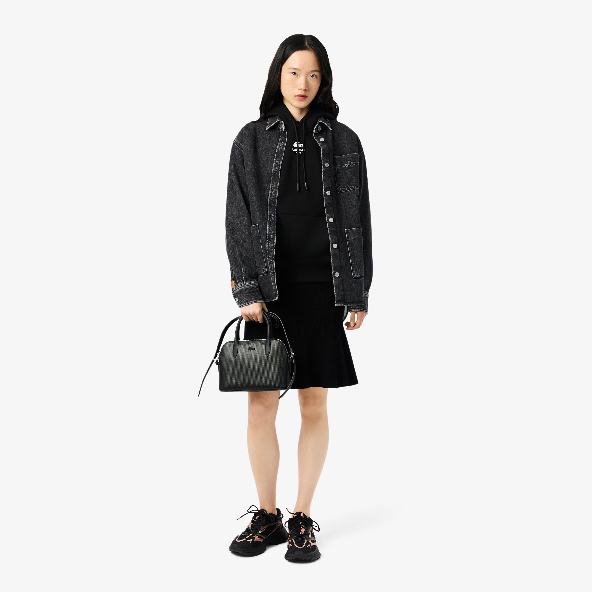 Unisex Lacoste Signature Print Hoodie Black