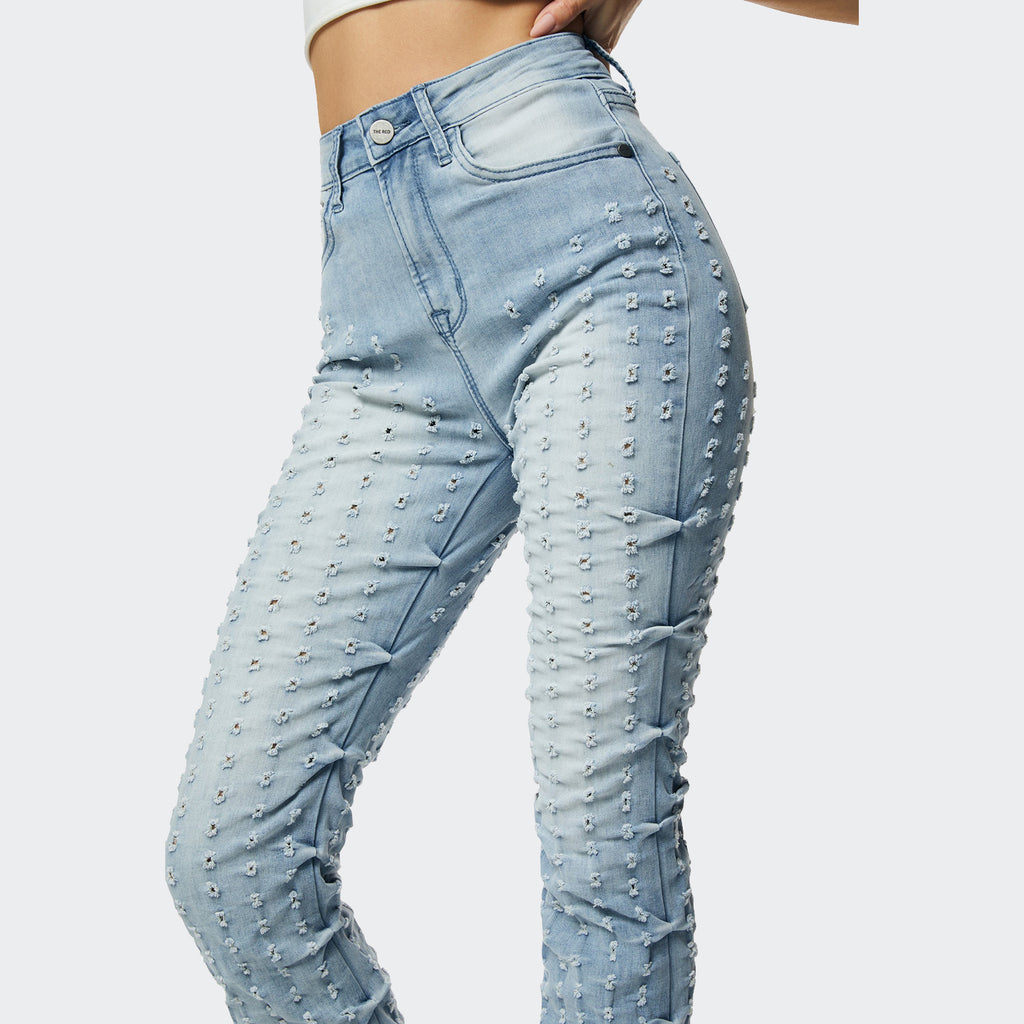 Women's Smoke Rise Red High Rise Punched Bootcut Jeans Sky Blue