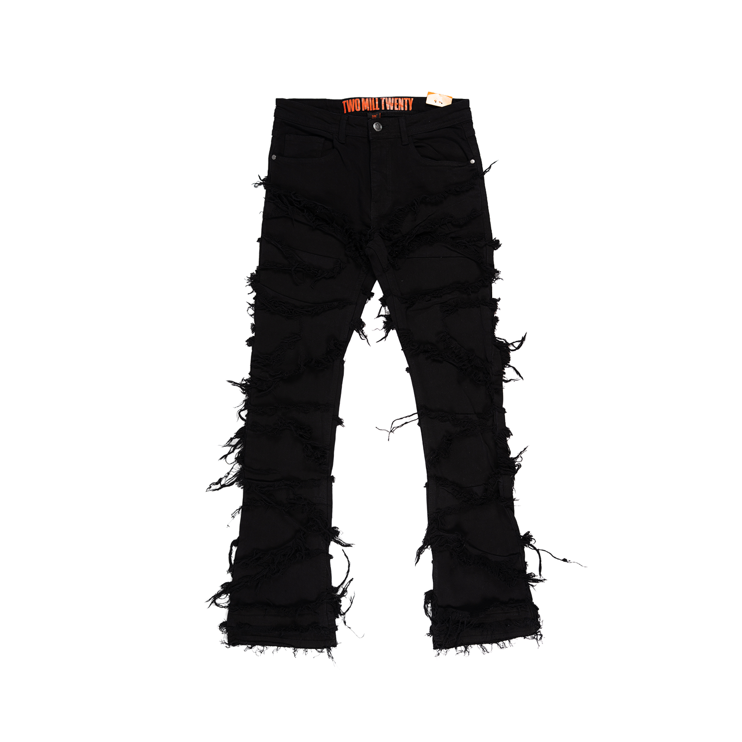 Men's TWO MILL TWENTY Frayed Slashed Boot Cut Jeans Jet Black