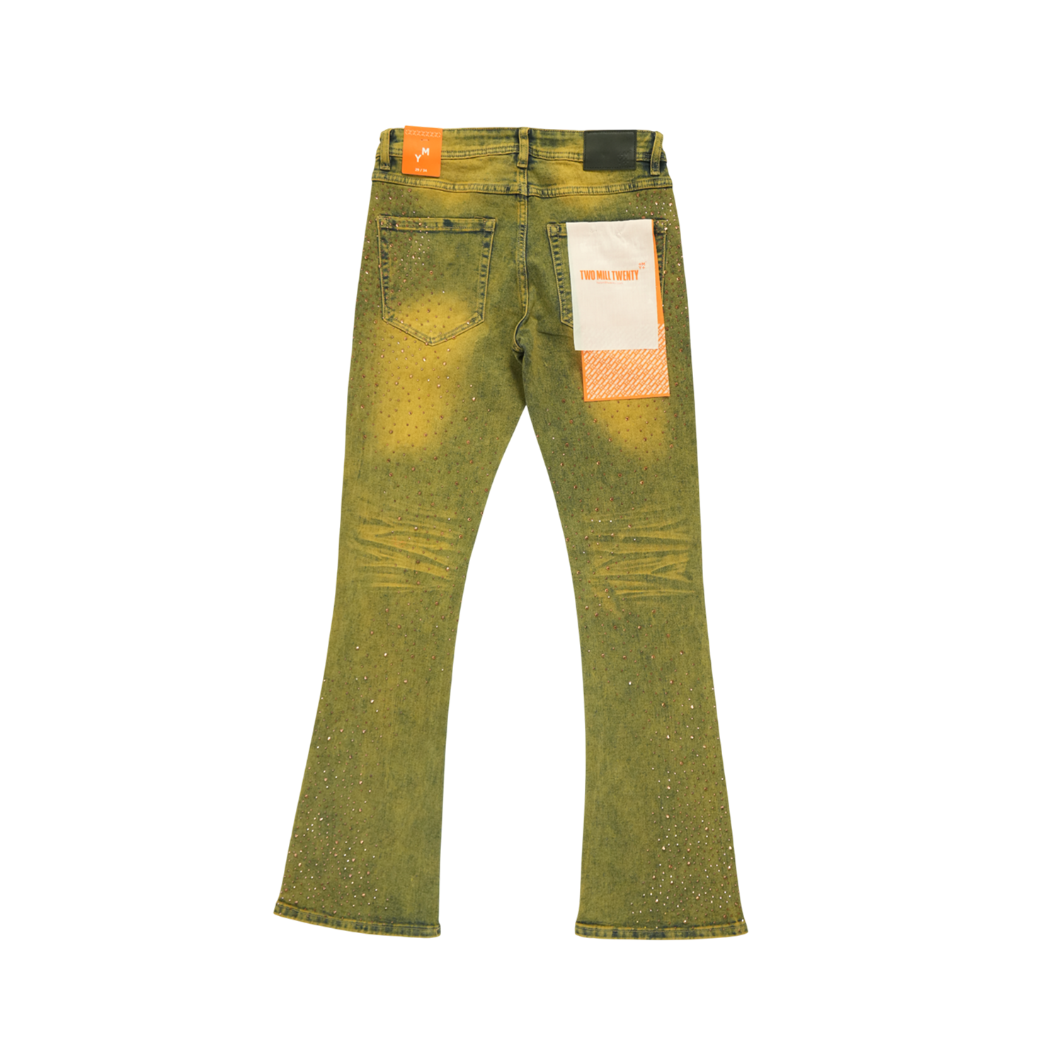 Men's TWO MILL TWENTY Flare Leg Red Rhinestone Jeans Antique Wash