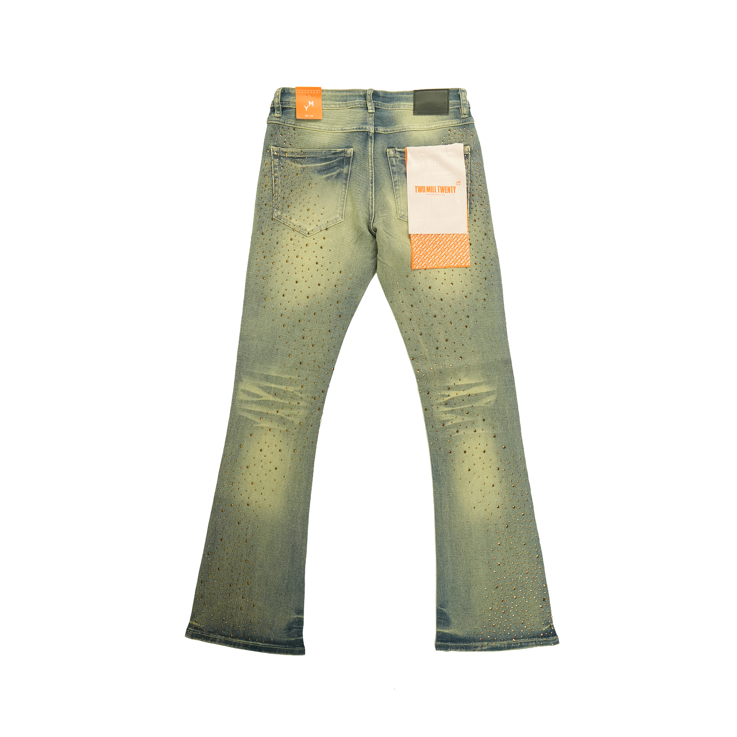 Men's TWO MILL TWENTY Flare Leg Gold Rhinestone Jeans Vintage Blue