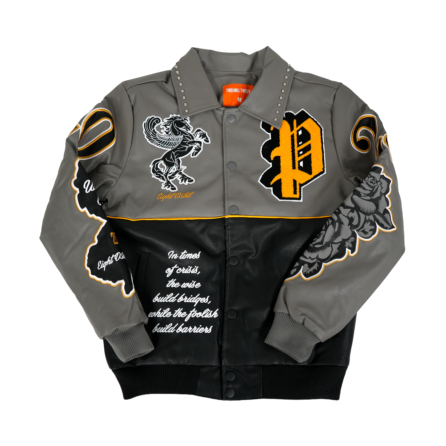 Men's TWO MILL TWENTY Pegasus Varsity Bomber Jacket Grey / Black