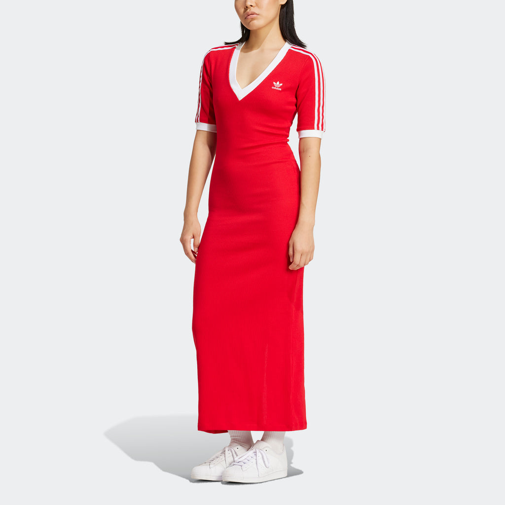 Women's adidas Originals Adicolor 3-Stripes Knit V-Neck Dress Better Scarlet