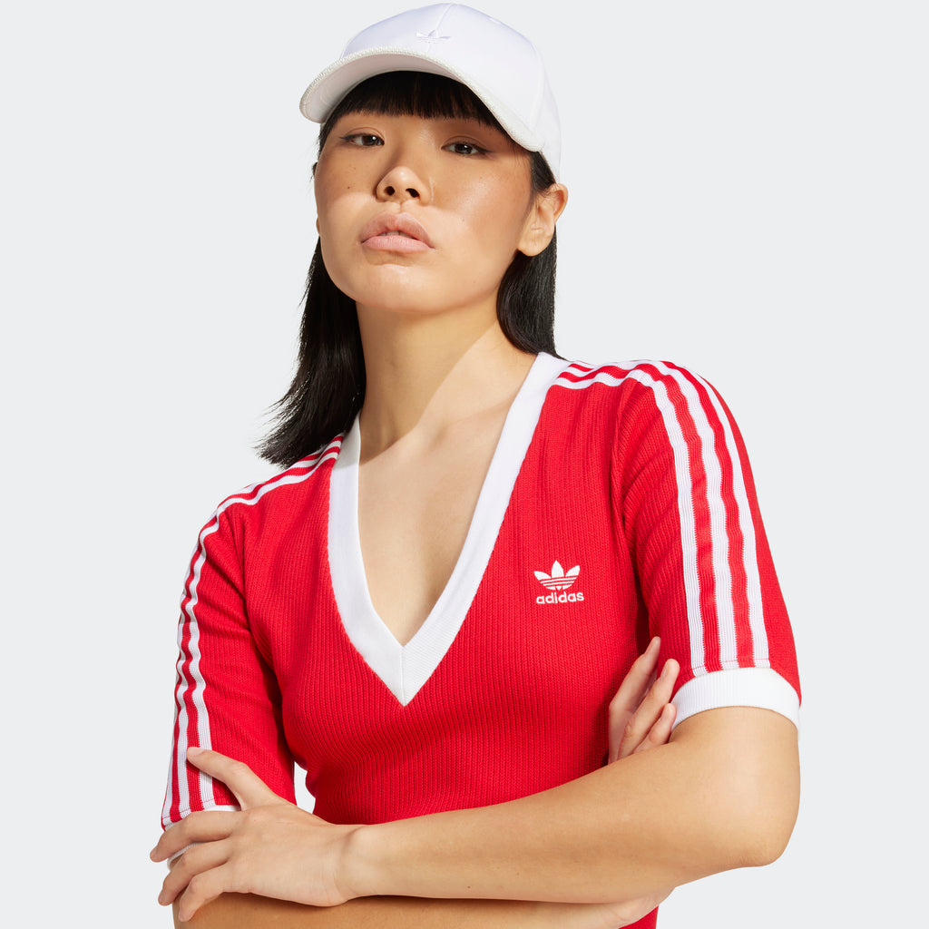 Women's adidas Originals Adicolor 3-Stripes Knit V-Neck Dress Better Scarlet