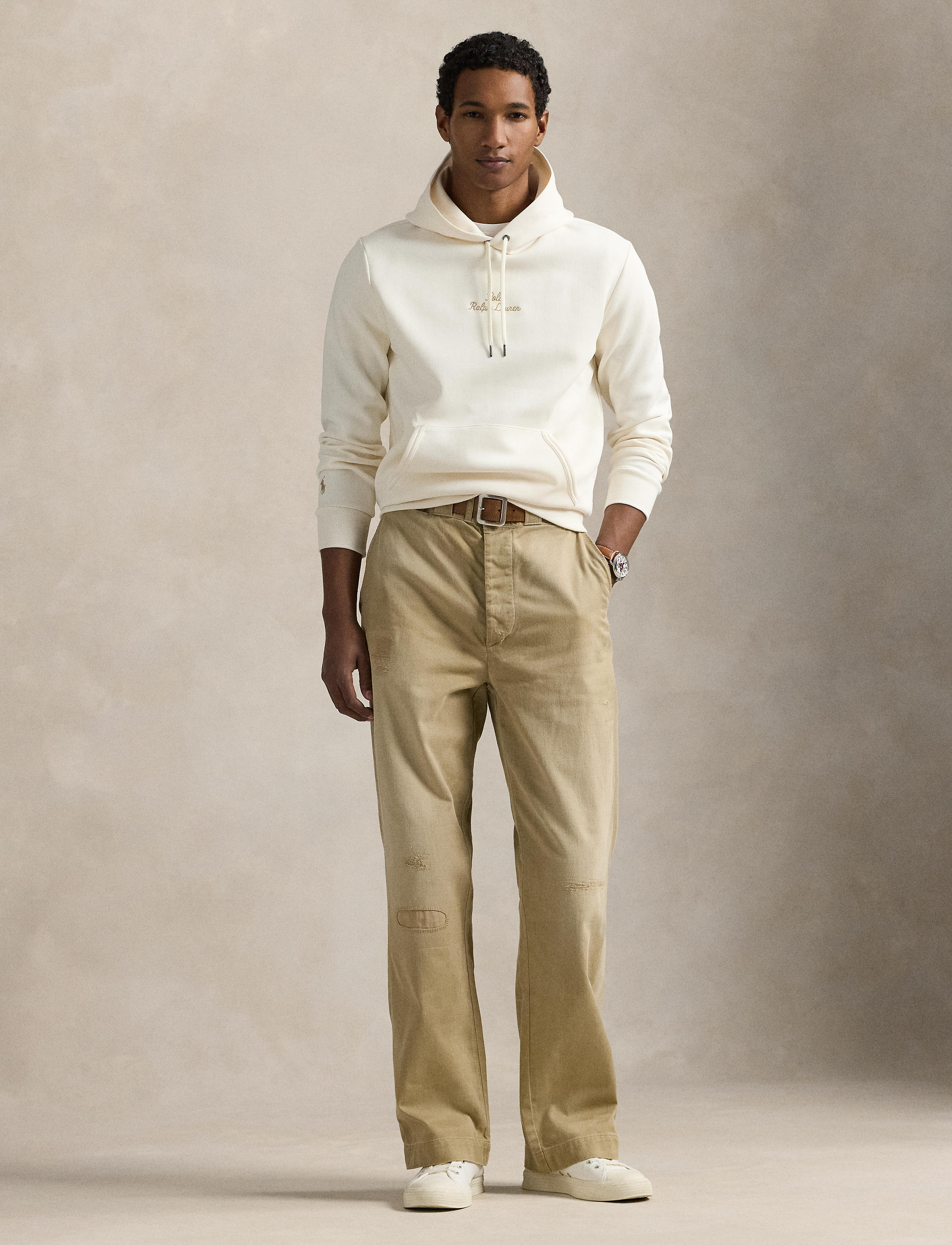 Men's Polo Ralph Lauren Logo Double-Knit Hoodie Pale Cream