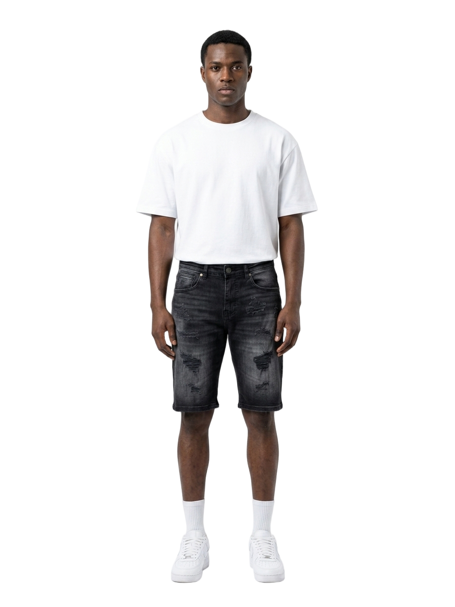 Men's Ripped Distressed Denim Jean Shorts | Black Wash