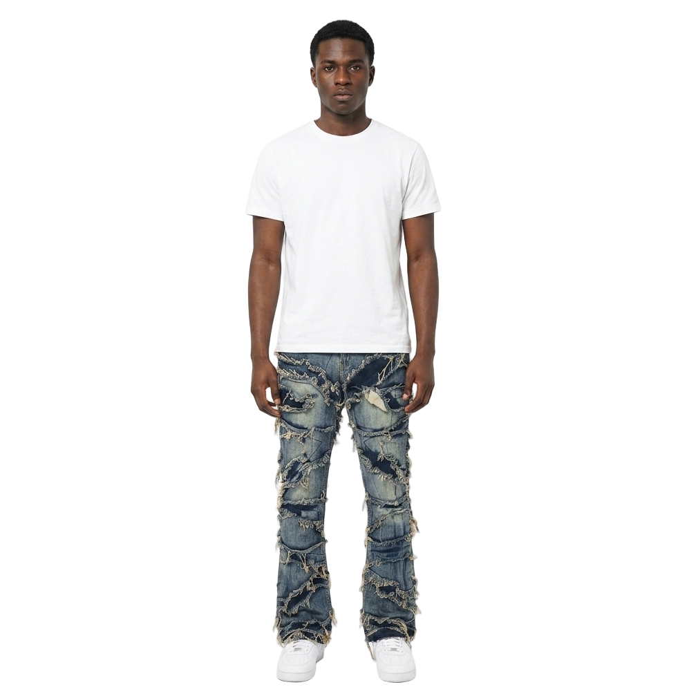 Men's TWO MILL TWENTY Frayed Slashed Boot Cut Jeans Indigo