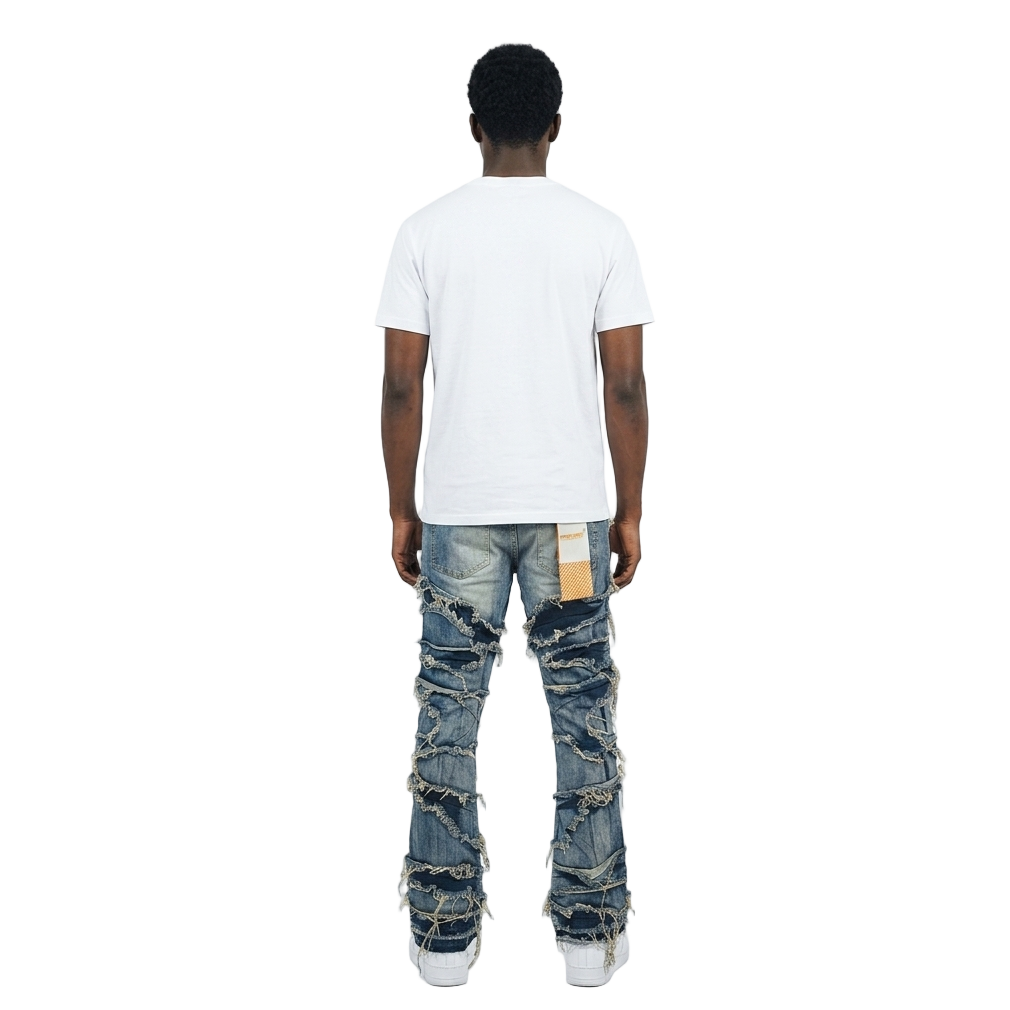 Men's TWO MILL TWENTY Frayed Slashed Boot Cut Jeans Indigo