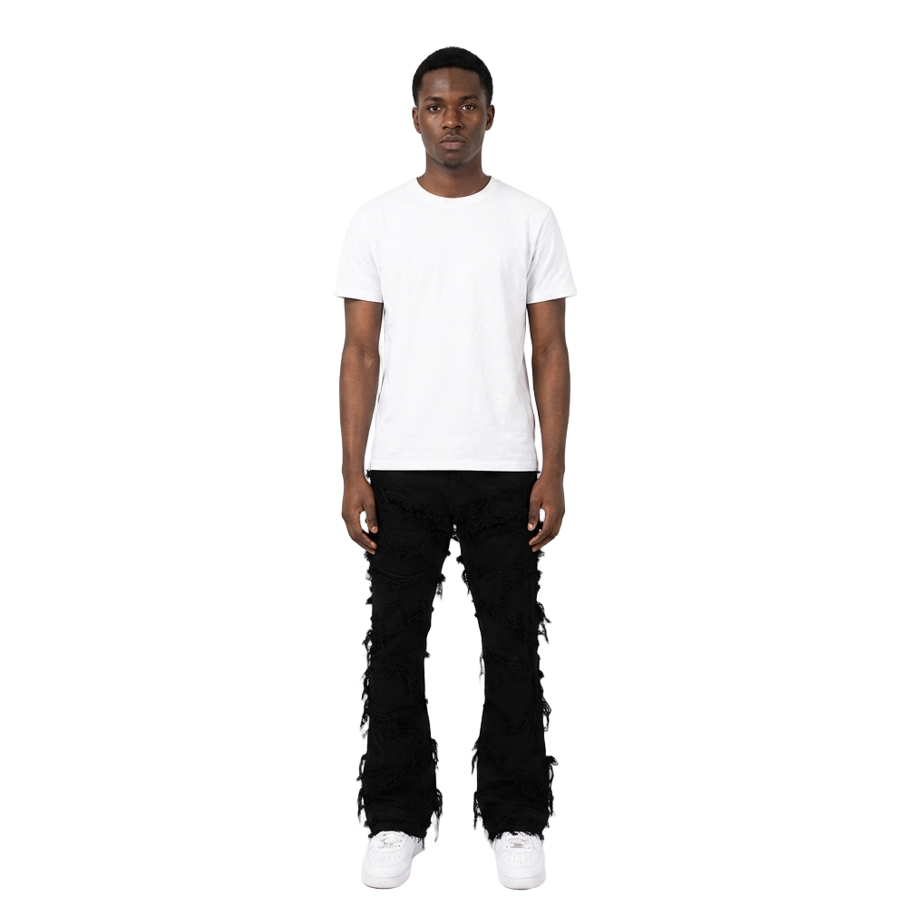 Men's TWO MILL TWENTY Frayed Slashed Boot Cut Jeans Jet Black