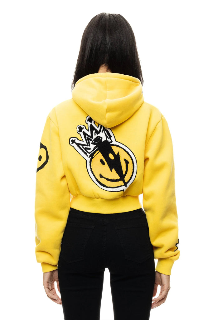 Women's Smoke Rise Red Chenille Patched Fashion Pullover Hoodie Yellow