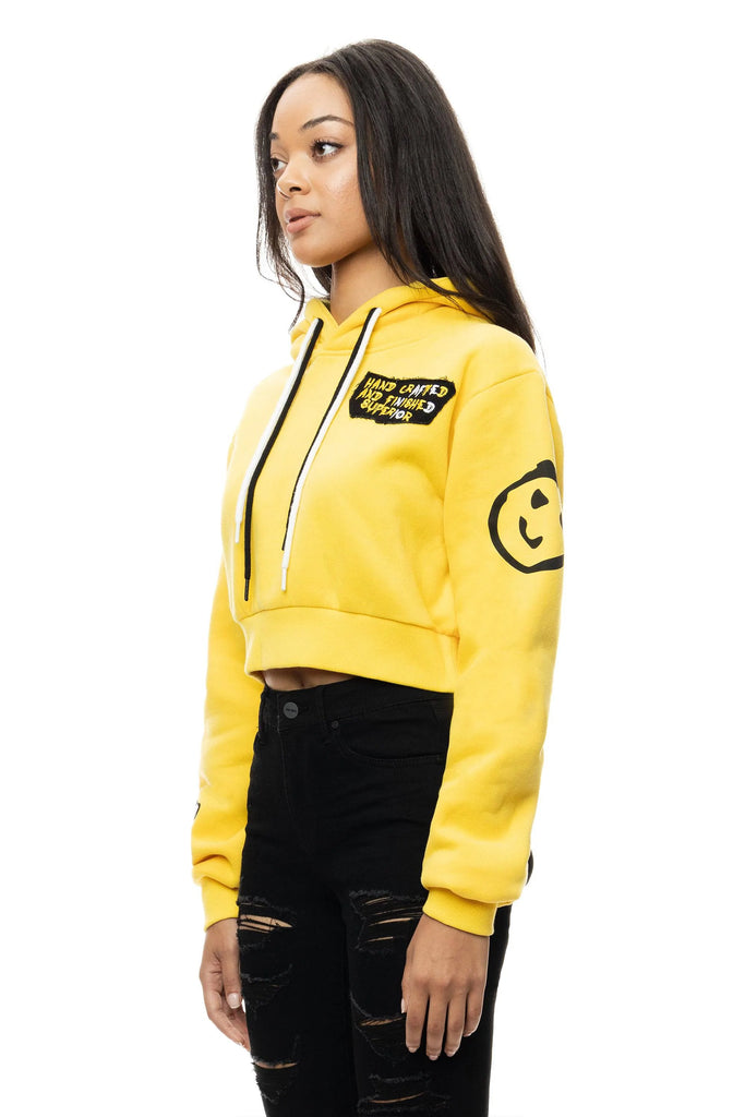 Women's Smoke Rise Red Chenille Patched Fashion Pullover Hoodie Yellow