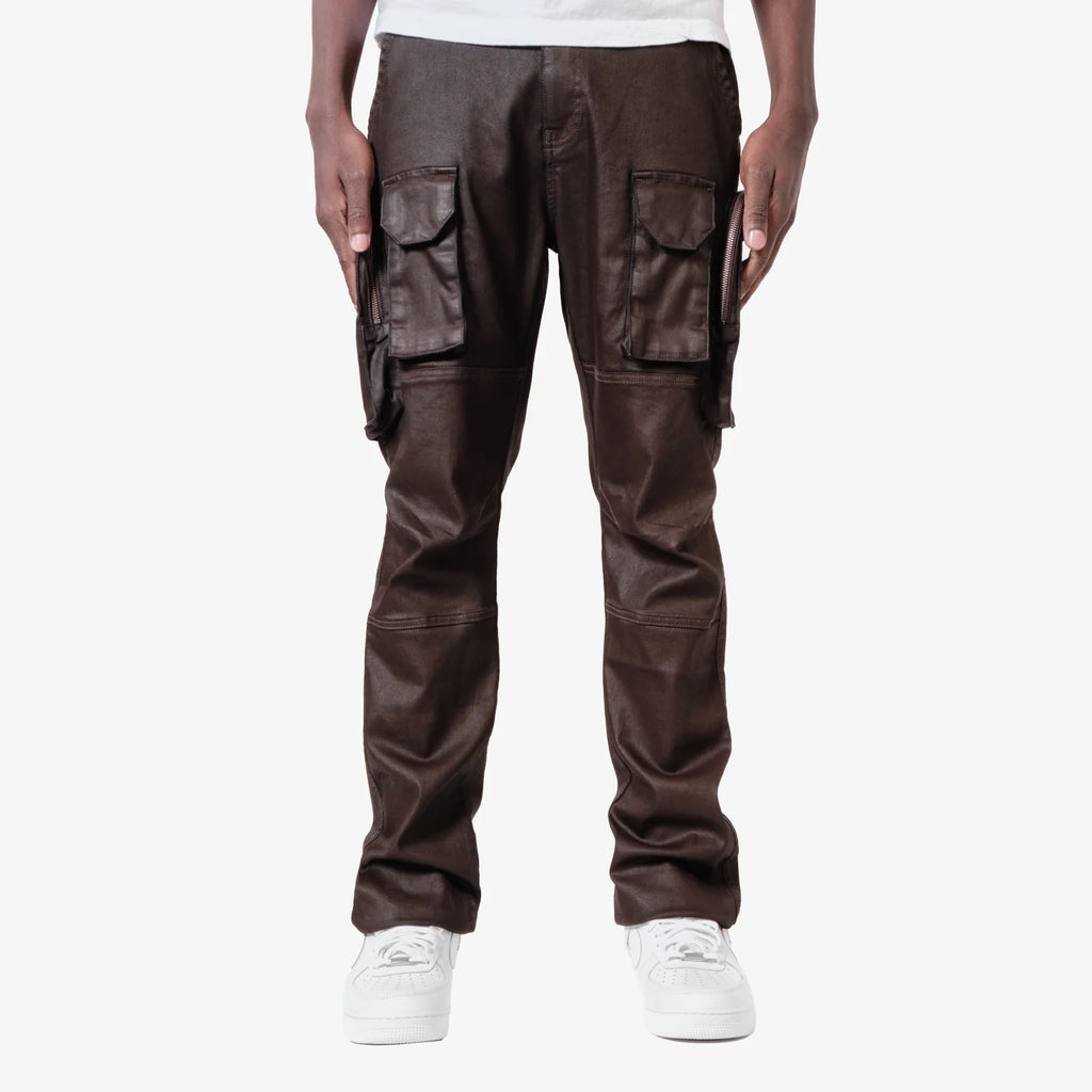 Men's Copper Rivet Utility Cargo Wax Coated Jeans Brown