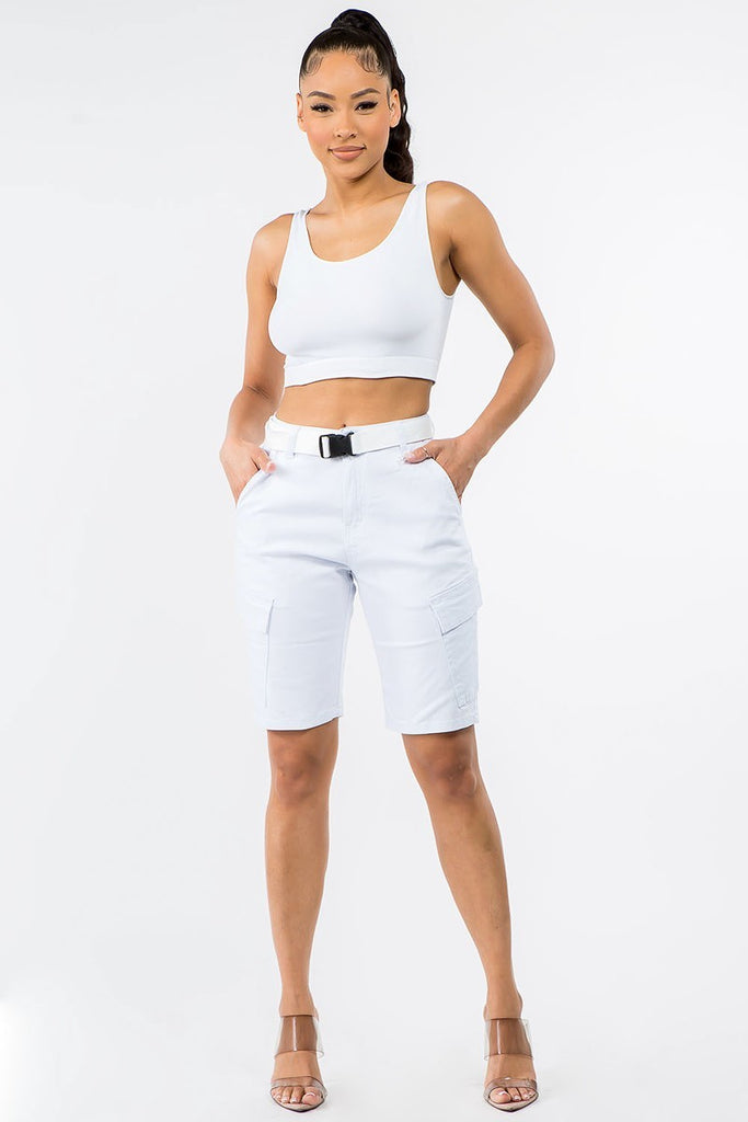 Women's American Bazi Belted Cargo Shorts White