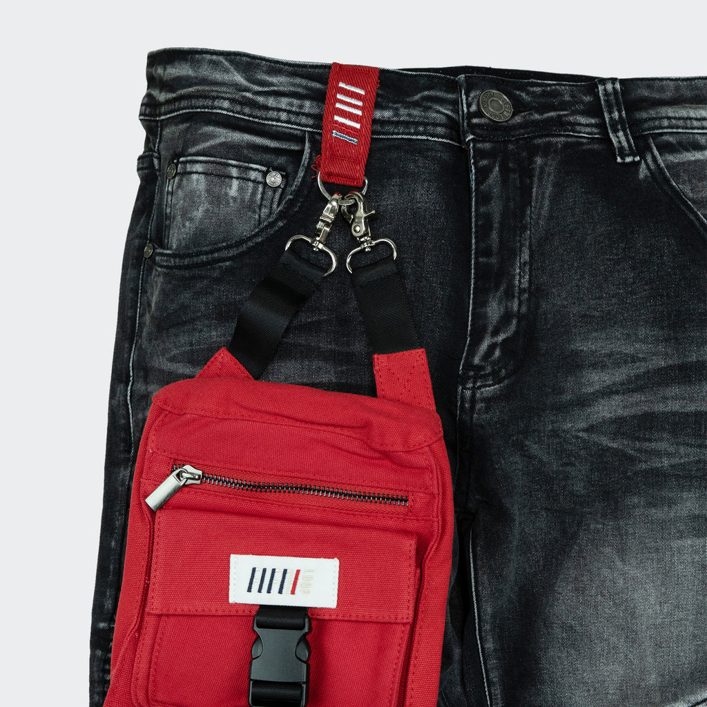 Men's Fifth Loop Distressed Moto Black Jeans with Red Pouch