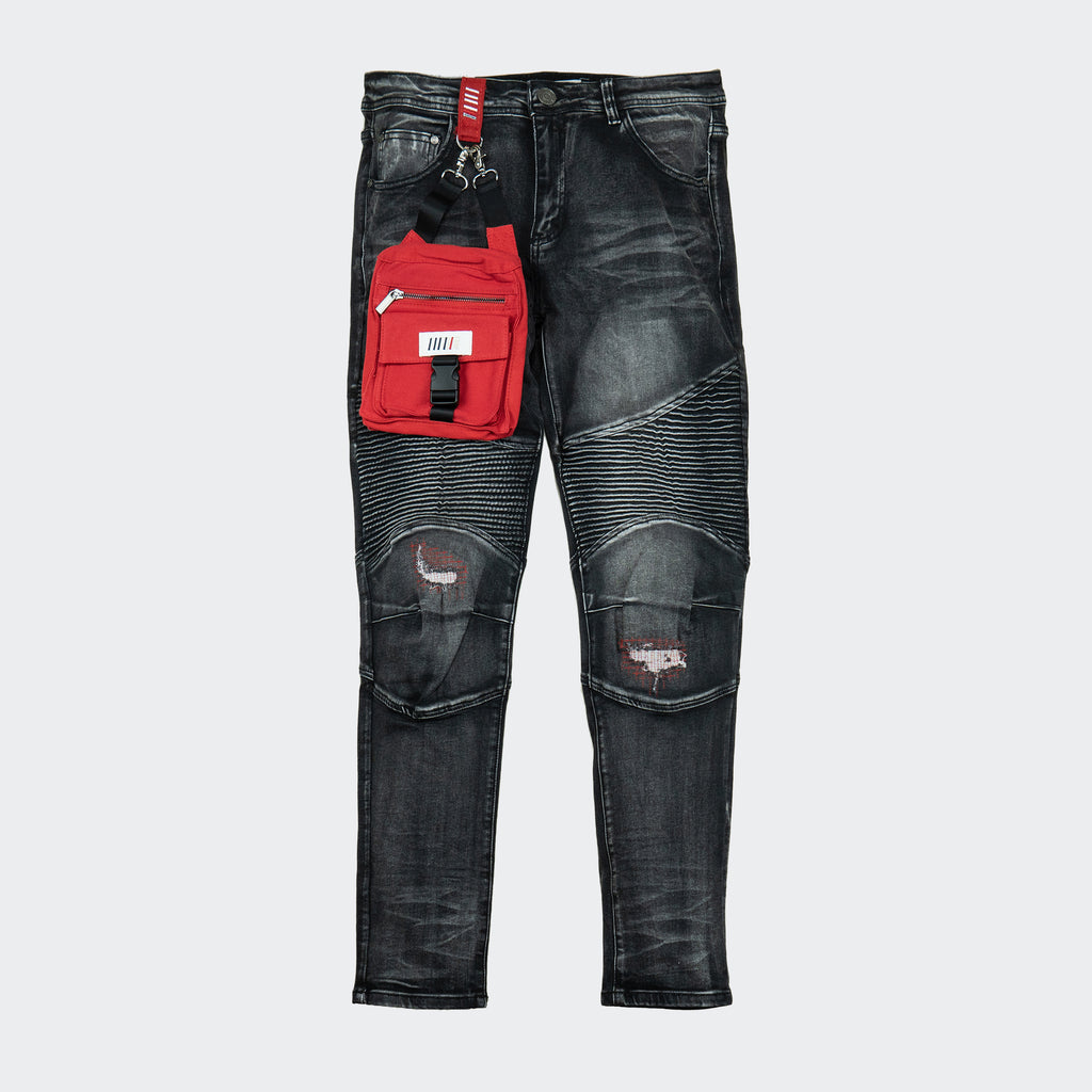 Men's Fifth Loop Distressed Moto Black Jeans with Red Pouch
