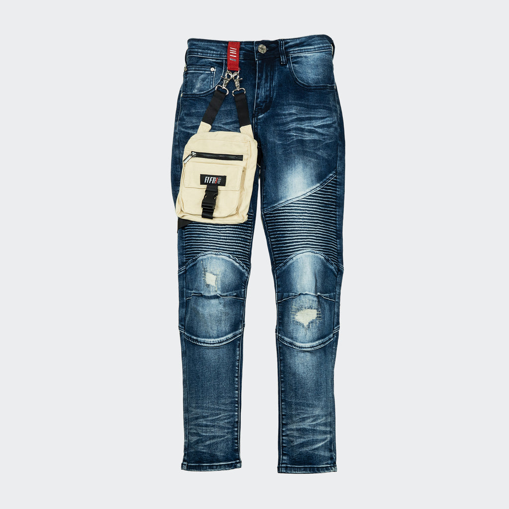 Men's Fifth Loop Distressed Moto Vintage Jeans with Cream Pouch